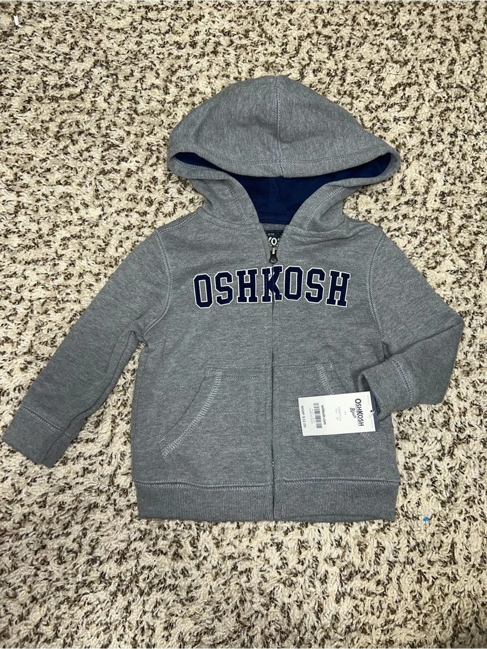 OshKosh Heather Gray Zip Hoodie with Navy Lined Hood - NWT